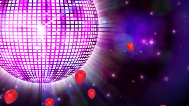 气球在旋转的镜面球上漂浮的动画 新年前夜派对及数码视讯庆祝概念 — 图库视频影像