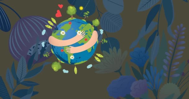 Animation Des Mains Embrassant Globe Avec Des Fleurs Arrière Plan — Video