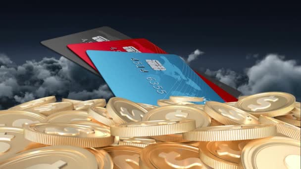Animacja Złotych Monet Pomocą Kart Kredytowych Globalne Płatności Online Biznes — Wideo stockowe