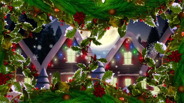 Рождественские Украшения Против Санта Клауса Санях Которые Тянут Северные Олени — стоковое видео