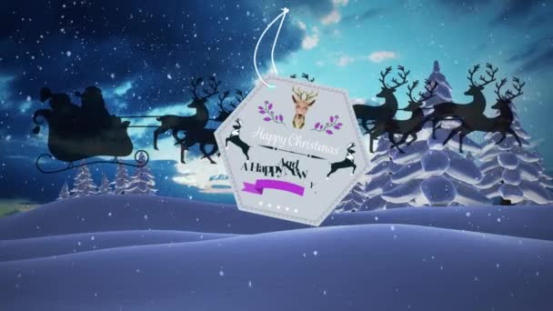 Animation Gift Tag Season Greetings Santa Claus Sleigh Winter Landscape — Αρχείο Βίντεο