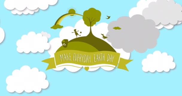 空に木や人と毎日の地球の日と島を作るのアニメーション 持続可能性 生態系 再生可能エネルギー 地球温暖化と気候変動への意識 — ストック動画