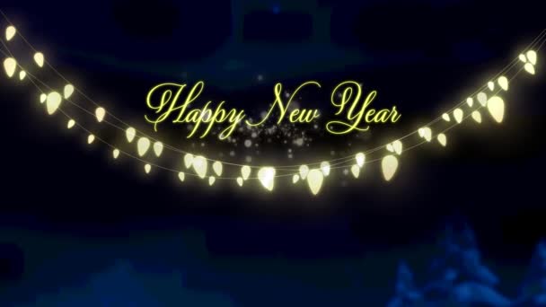 Счастливый Новогодний Текст Желтые Перламутровые Световые Украшения Висящие Ночном Небе — стоковое видео
