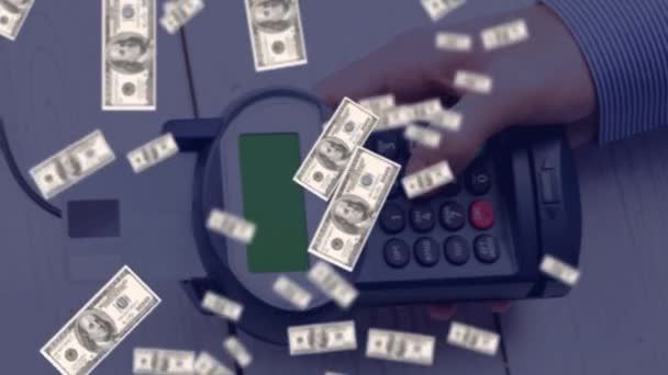 Animacja Pływających Dolarów Nad Terminalem Płatniczym Globalne Finanse Pieniądze Brak — Wideo stockowe