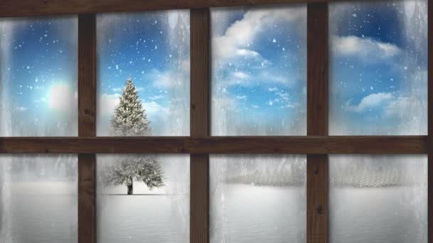 Анімація Падає Сніг Ялинка Зимових Пейзажах Видно Через Вікно Різдво — стокове відео