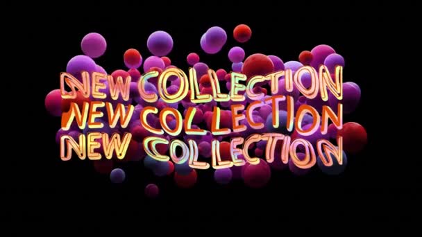 在黑色上漂浮的橙色和紫色球体上 用彩色弯曲文字对新藏品进行动画制作 数码界面 网上购物及零售概念数码影片 — 图库视频影像