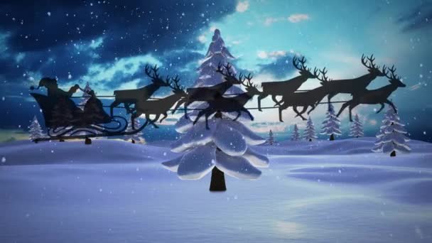 雪橇上的圣爪与驯鹿在降雪 红斑和冬季景观上的动画效果 圣诞节 传统和庆祝概念数字制作的视频 — 图库视频影像