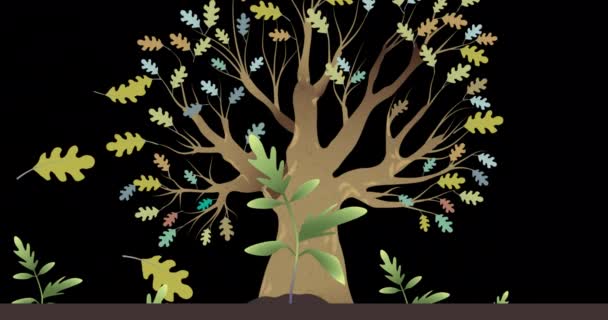 Animation Von Blättern Die Über Einem Baum Auf Schwarzem Hintergrund — Stockvideo