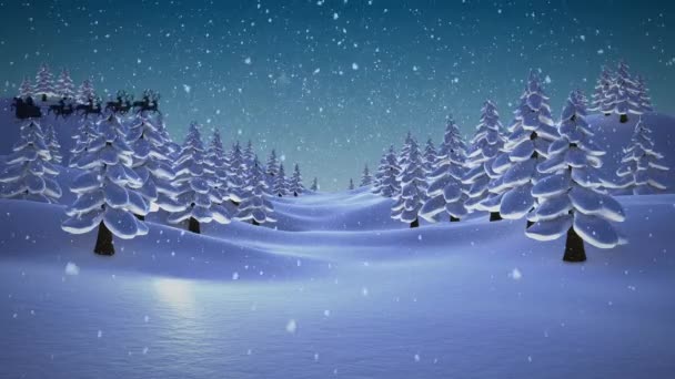 Animacja Śniegu Spadającego Świętego Mikołaja Saniach Reniferami Zimowym Krajobrazem Boże — Wideo stockowe