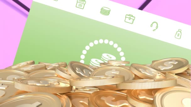 Animace Zlatých Dolarových Mincí Přes Obrazovku Digitálními Ikonami Globální Online — Stock video