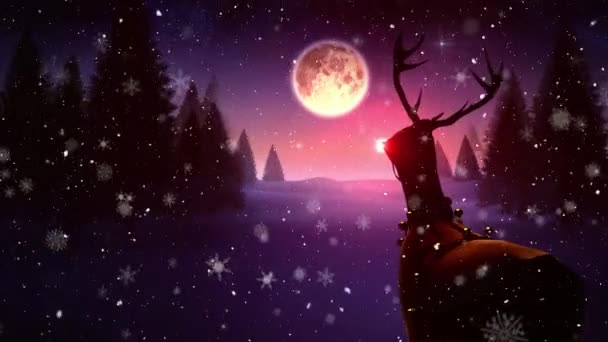 Animazione Babbo Natale Slitta Sulla Neve Che Cade Renne Paesaggio — Video Stock