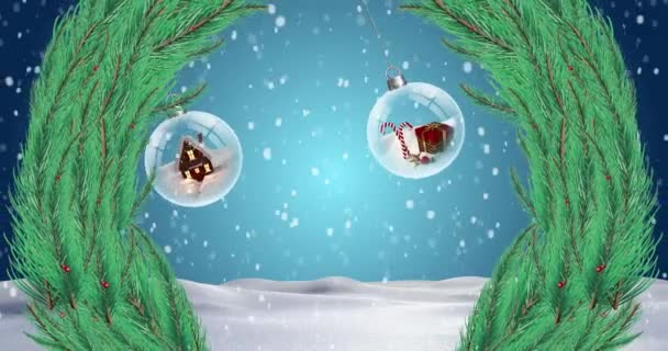 Animação Grinalda Abeto Sobre Queda Neve Bugigangas Paisagem Inverno Natal — Vídeo de Stock