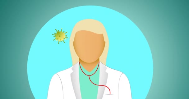 緑の背景にDna鎖を持つ女性医師の上の緑のコロナウイルス細胞のアニメーション — ストック動画