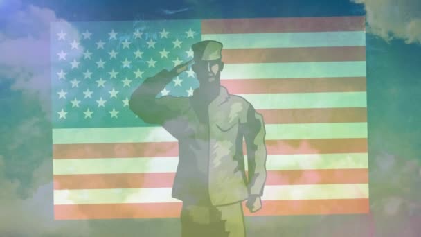 Animacja Urodzinowego Tekstu Lincolna Nad Sylwetką Żołnierza Niebem Amerykańską Flagą — Wideo stockowe