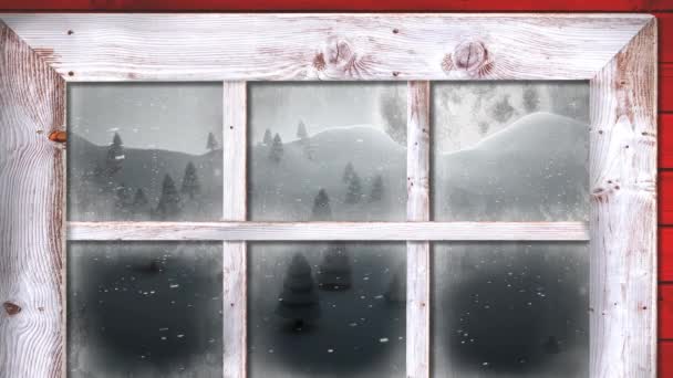Деревянная Оконная Рама Против Снега Падающего Несколько Деревьев Зимнем Ландшафте — стоковое видео