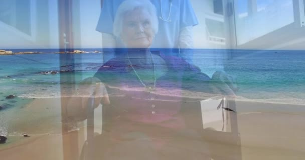 Tekerlekli Sandalyedeki Beyaz Yaşlı Kadın Deniz Manzaralı Sıhhiyeci Animasyonu Sosyal — Stok video