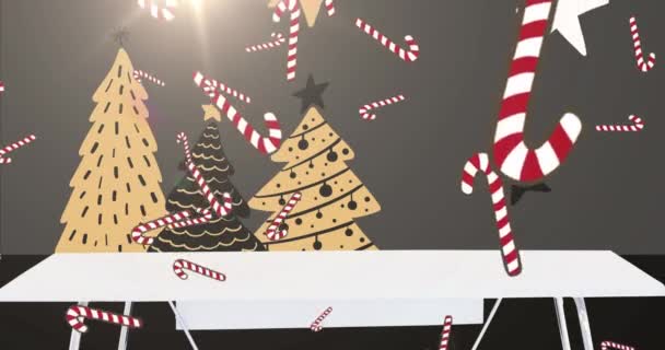 Animacja Śniegu Cukierków Lasek Spadających Choinki Czarnym Tle Boże Narodzenie — Wideo stockowe