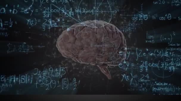 Animação Cérebro Humano Girando Sobre Equações Matemáticas Placa Preta Conceito — Vídeo de Stock