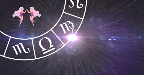 Animation Signe Des Étoiles Gémeaux Avec Roue Horoscope Tournant Sur — Video