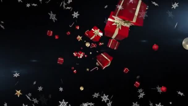 Copos Nieve Múltiples Iconos Concepto Navidad Flotando Sobre Fondo Azul — Vídeo de stock