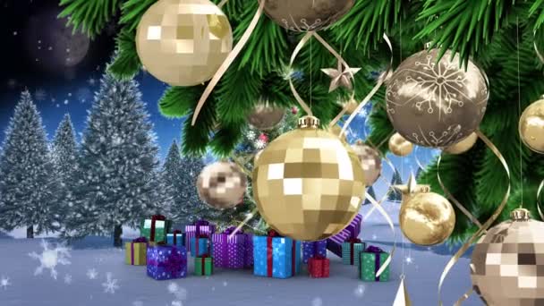 Bauble Decorazioni Sul Ramo Dell Albero Natale Contro Neve Che — Video Stock