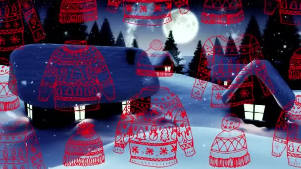Camisola Natal Beanie Ícones Padrão Sem Costura Contra Neve Caindo — Vídeo de Stock