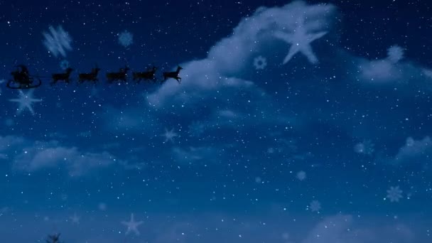 Animación Santa Claus Trineo Con Renos Sobre Nieve Cayendo Cielo — Vídeo de stock