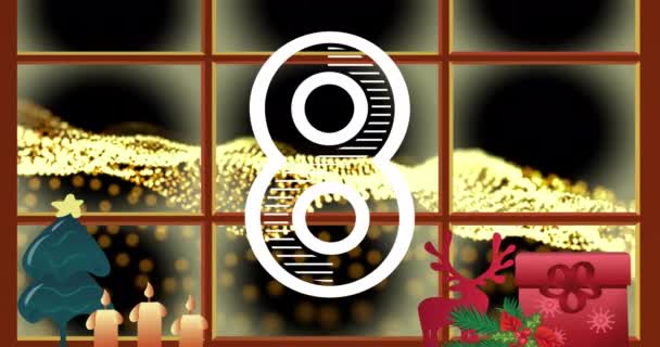 Contagem Regressiva Decorações Natal Moldura Janela Contra Onda Digital Amarela — Vídeo de Stock