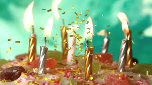 Digital Composition Golden Confetti Falling Burning Candles Cake Birthday Party — Stock Video
