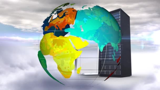 Animation Globe Sur Serveur Informatique Connexions Globales Concept Traitement Des — Video