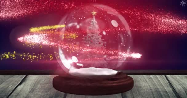 Animatie Van Sneeuwval Gloeiende Vlekken Sneeuwbol Met Boom Rode Achtergrond — Stockvideo