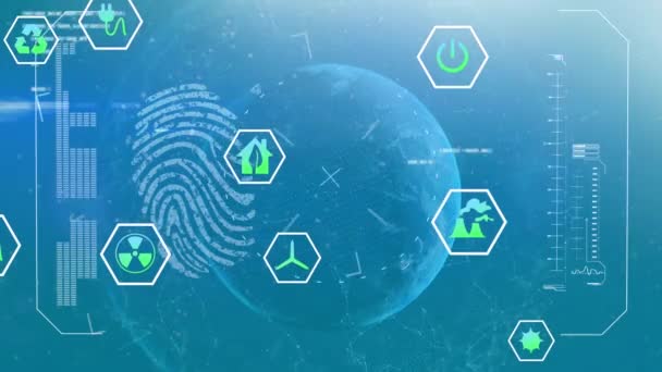 Animering Ekologi Ikoner Över Biometriska Fingeravtryck Och Jordklotet Global Hållbarhet — Stockvideo