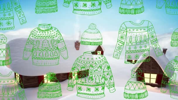 冬の風景の上に落ちる雪に対するシームレスなパターンでクリスマスセーターやビーニーアイコン クリスマス フェスティバルとお祝いのコンセプト — ストック動画
