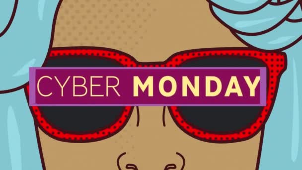 Animatie Van Cyber Maandag Tekst Retro Cartoon Gezicht Met Zonnebril — Stockvideo