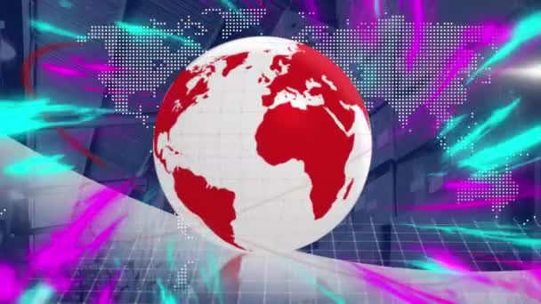 Animación Globo Interfaz Digital Con Luces Colores Sobre Almacén Envío — Vídeos de Stock
