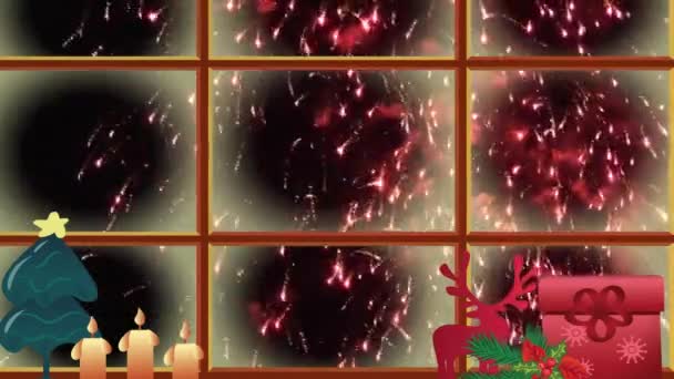 Decorações Natal Moldura Janela Sobre Fogos Artifício Estourando Contra Fundo — Vídeo de Stock