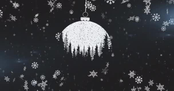 Animation Bauble Snow Falling Black Background Christmas Tradition Celebration Concept — Stock Video