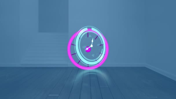 动态时钟和紫色圆圈的动画和背景下的办公室形状 数字视频的时间 数字接口和技术概念 — 图库视频影像