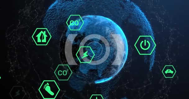 生态动画和绿色能源图标遍布全球的连接 Global Sustainability Ecology Climate Change Networks Connections Digital Interface — 图库视频影像