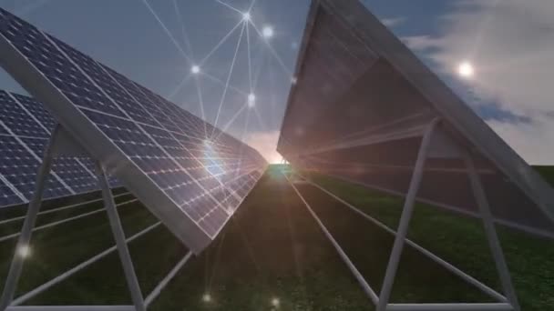 太陽電池パネル上の接続のネットワークのアニメーション 地球環境 グリーンエネルギー デジタルインターフェースの概念をデジタルで生成し — ストック動画