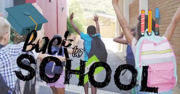Animation Back School Text School Icons School Children Running School — Αρχείο Βίντεο