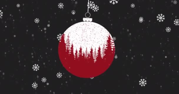 Animatie Van Dennenboom Bauble Sneeuw Vallen Zwarte Achtergrond Kerstmis Traditie — Stockvideo