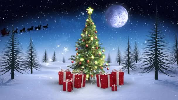 Noel Ağacının Üzerine Düşen Kar Kış Manzarasında Gece Gökyüzünde Aya — Stok video