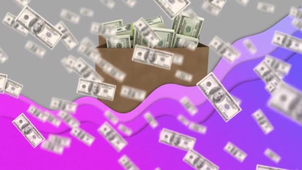 お金で袋の上に浮くドルと紫色の波のアニメーション 世界の金融 支払いの安全コンセプトデジタルで生成されたビデオ — ストック動画