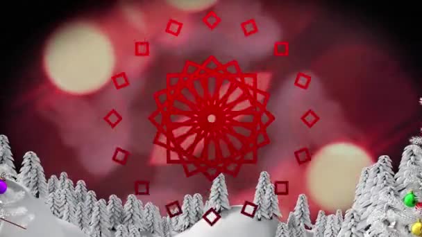 Desenhos Decorativos Vermelhos Sobre Duas Árvores Natal Paisagem Inverno Contra — Vídeo de Stock