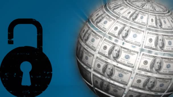 Animation Globe Made Money Rotating Padlock Global Finance Money Cash — Stock Video