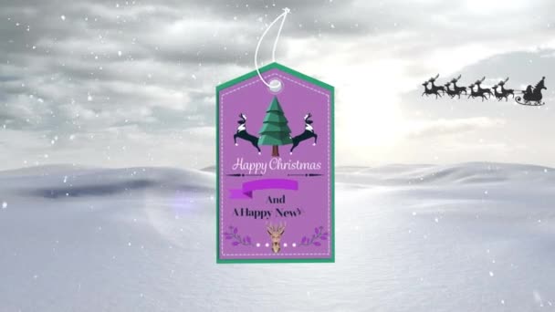 Animacja Tagu Podarunkowego Sezonowymi Pozdrowieniami Nad Świętym Mikołajem Saniach Nad — Wideo stockowe