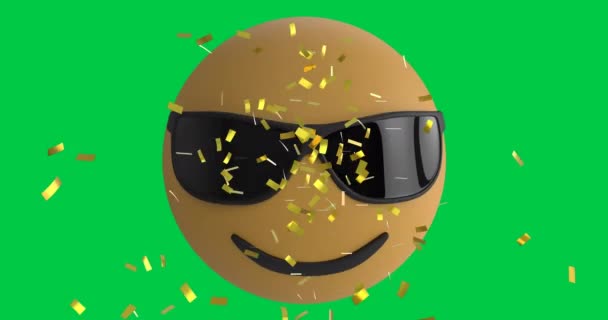 Animation Confetti Falling Smiling Sunglasses Emoji Emoticon Icon Green Screen — Stock Video