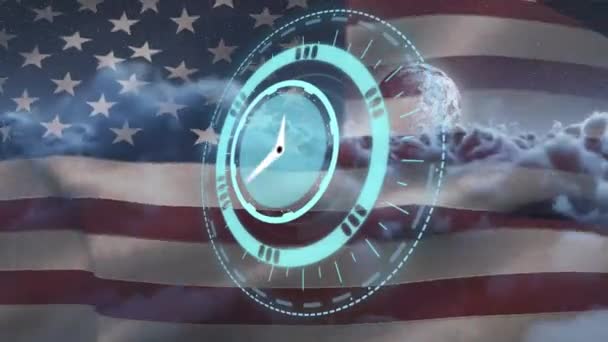 Animation Rotating Safe Lock Clock Hands American Flag Clouds Patriotism — Stock Video
