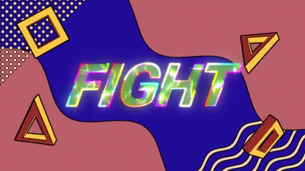 Mavi Arkaplanda Renkli Şekiller Üzerine Dövüş Metninin Animasyonu Sosyal Medya — Stok video